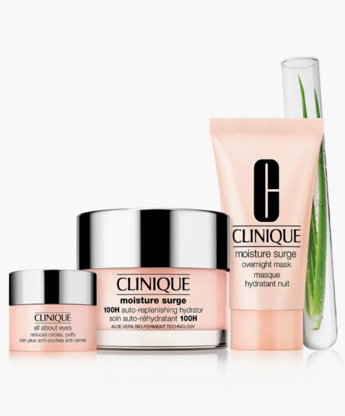 Image of Clinique Gift Set which includes "All About the Eyes" cream, Clinique Moisture Surge 100H hydrator, and a Clinique Moisture Surge Overnight Mask. 
