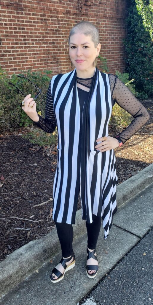 Front image of me wearing the Mirror Mirror Moda Duster Vest