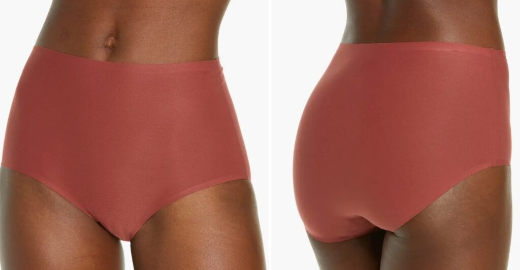 Front and back of the Chantelle seamless high waist brief on the model
