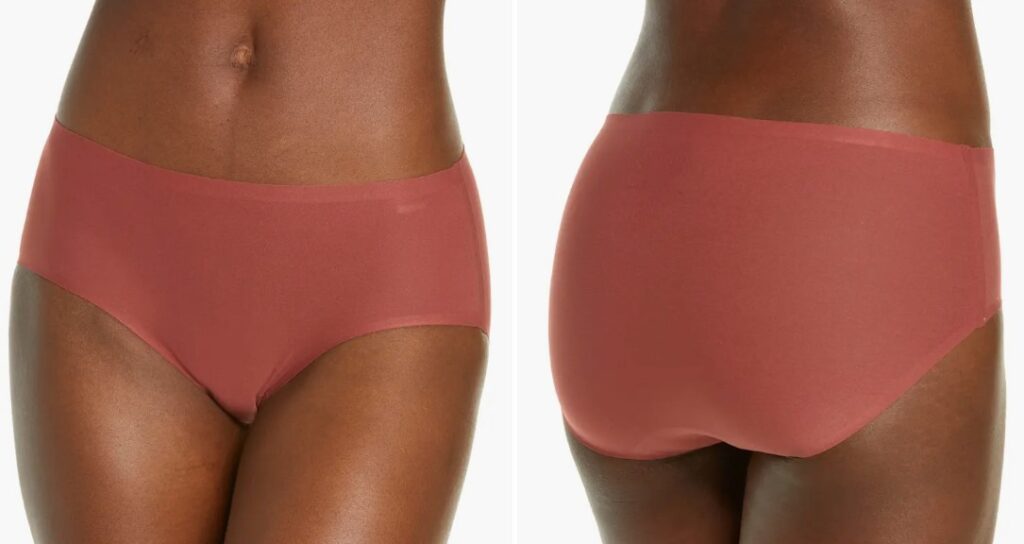 Front and back of the Chantelle seamless hipster on the model