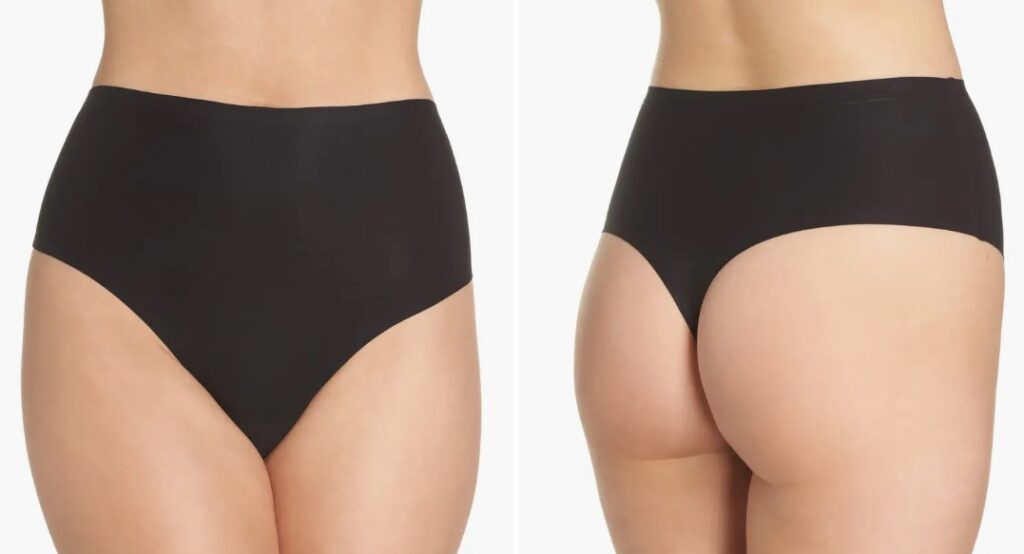 Front and back image of Chantelle seamless retro thong the model
