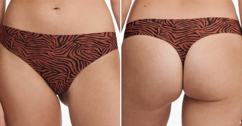 Front and back image of the Chantelle seamless thong on the model