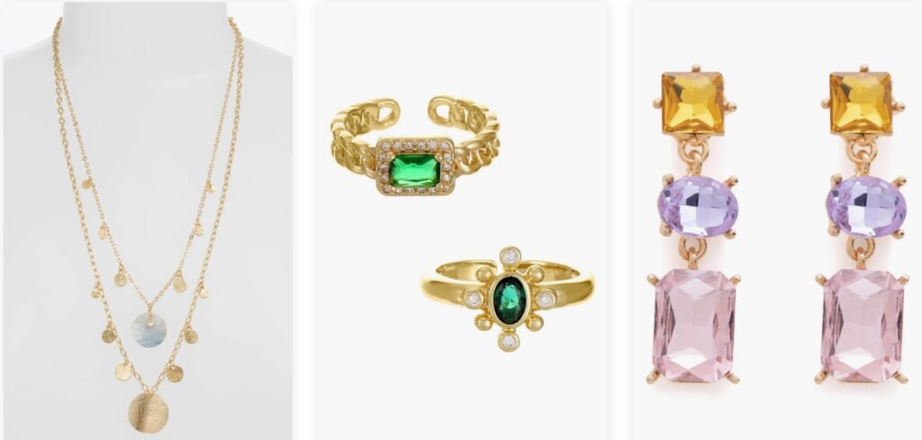 Image of Gold Drop Necklace, Emerald Adjustable Rings, and Gem Stone Drop Earrings
